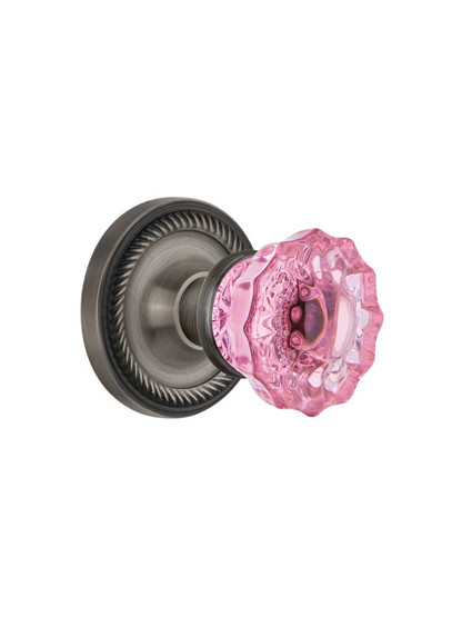 Rope Rosette Door Set with Colored Fluted Crystal Glass Knobs Pink in Antique Pewter.